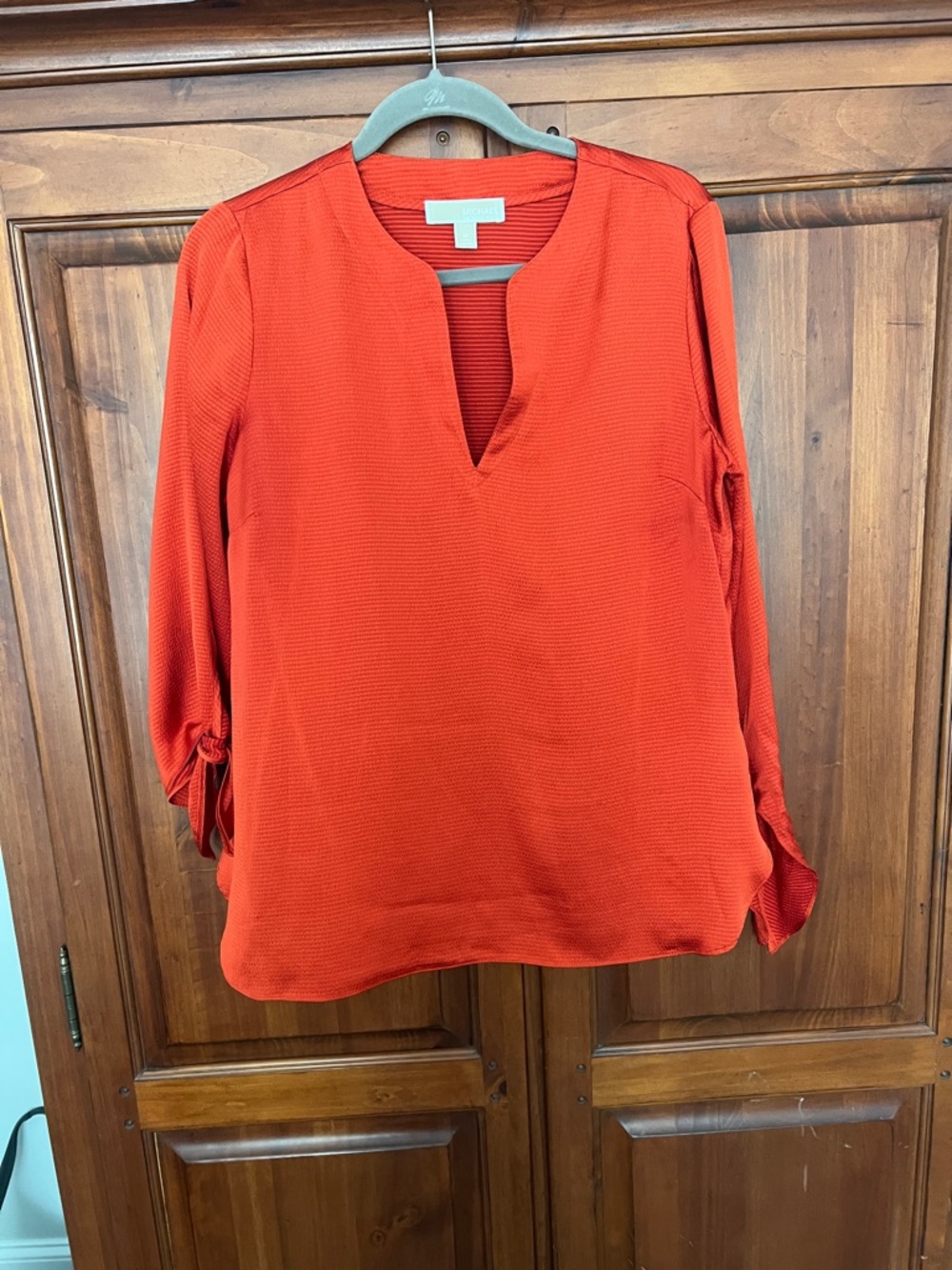 Michael Kors Split V-Neck Long-Sleeve Blouse in Burnt Orange